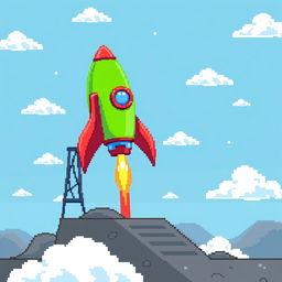 A pixel art illustration depicting a colorful rocket positioned on a launch pad