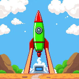 A pixel art illustration depicting a colorful rocket positioned on a launch pad