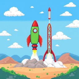 A pixel art illustration depicting a colorful rocket positioned on a launch pad