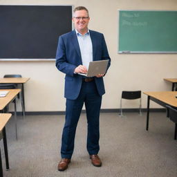 A full-bodied image of a 21st century teacher, complete with modern attire and shoes, holding a laptop while standing in a contemporary classroom.