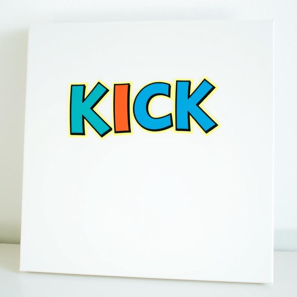 A blank canvas with a bold, colorful letter sticker that spells out 'KICK'
