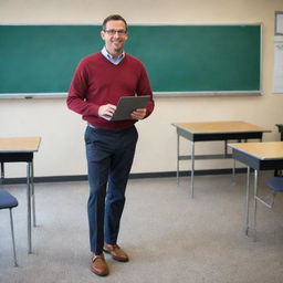 A full-bodied image of a 21st century teacher, complete with modern attire and shoes, holding a laptop while standing in a contemporary classroom.