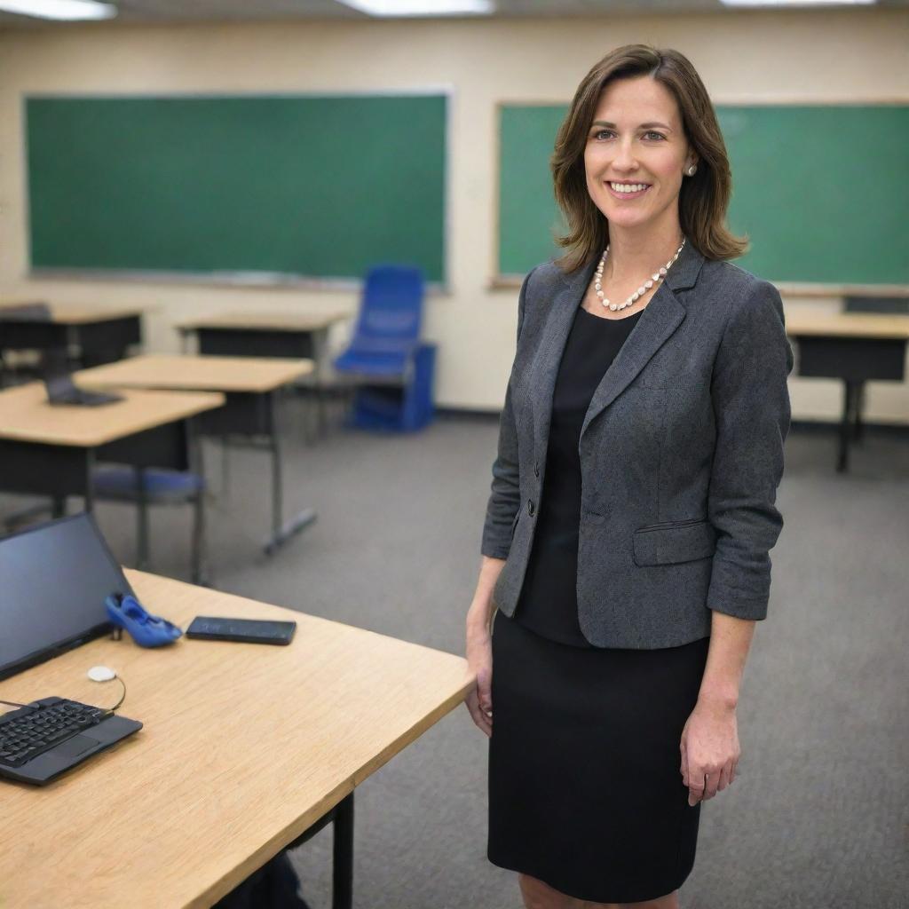 A modern 21st century teacher, fully dressed in professional attire, including shoes, standing in an engaging classroom. She is holding a computer, ready to deliver an innovative lesson.