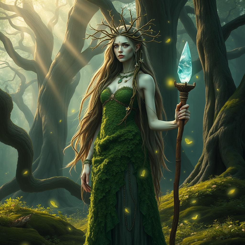 A mystical female Huldra druid standing in an enchanted forest