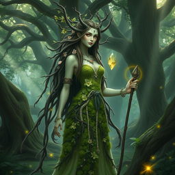 A mystical female Huldra druid standing in an enchanted forest