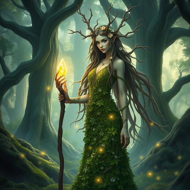 A mystical female Huldra druid standing in an enchanted forest