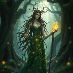 A mystical female Huldra druid standing in an enchanted forest