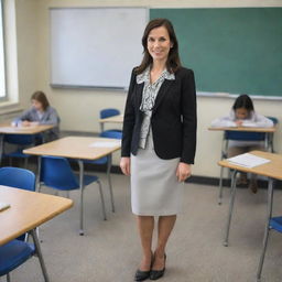 A modern 21st century teacher, fully dressed in professional attire, including shoes, standing in an engaging classroom. She is holding a computer, ready to deliver an innovative lesson.