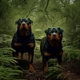 Intimidating Rottweiler dogs with mean faces and red eyes, standing alert in the shadowy undergrowth of a dense forest.