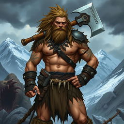 A human barbarian character from a Dungeons & Dragons campaign, depicted with a muscular build, long wild hair, and a fierce expression