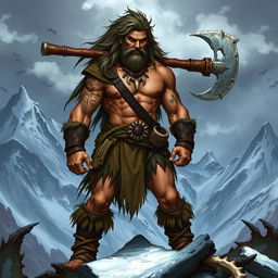 A human barbarian character from a Dungeons & Dragons campaign, depicted with a muscular build, long wild hair, and a fierce expression