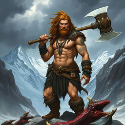 A human barbarian character from a Dungeons & Dragons campaign, depicted with a muscular build, long wild hair, and a fierce expression