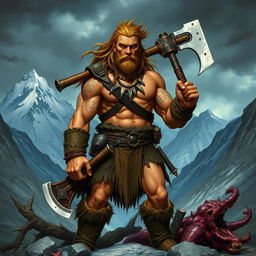 A human barbarian character from a Dungeons & Dragons campaign, depicted with a muscular build, long wild hair, and a fierce expression