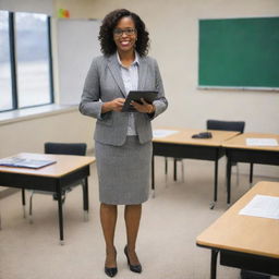 A modern 21st century teacher, fully dressed in professional attire, including shoes, standing in an engaging classroom. She is holding a computer, ready to deliver an innovative lesson.