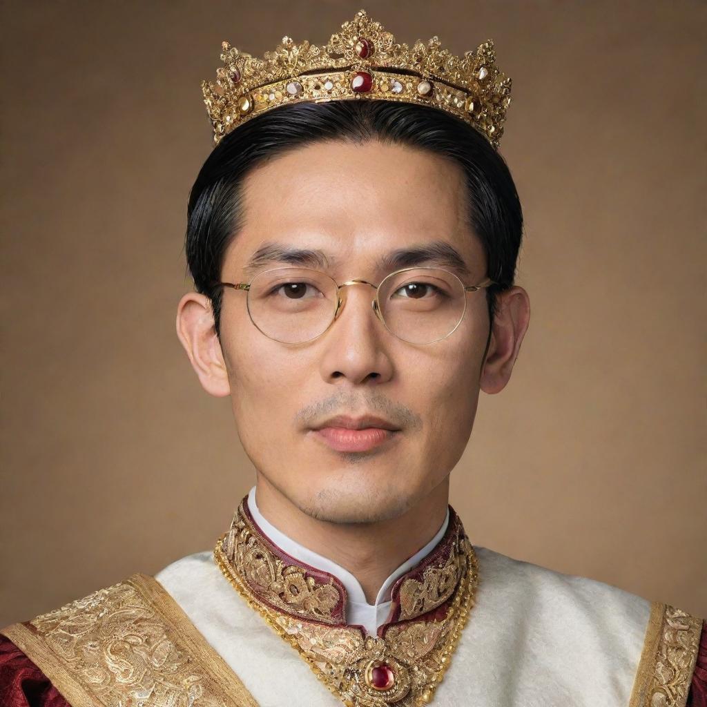 An intelligent-looking Asian man donning spectacles, adorned with a regal, gold encrusted crown.