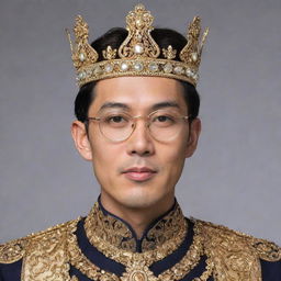 An intelligent-looking Asian man donning spectacles, adorned with a regal, gold encrusted crown.