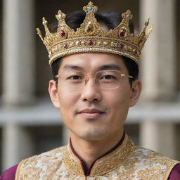 An intelligent-looking Asian man donning spectacles, adorned with a regal, gold encrusted crown.