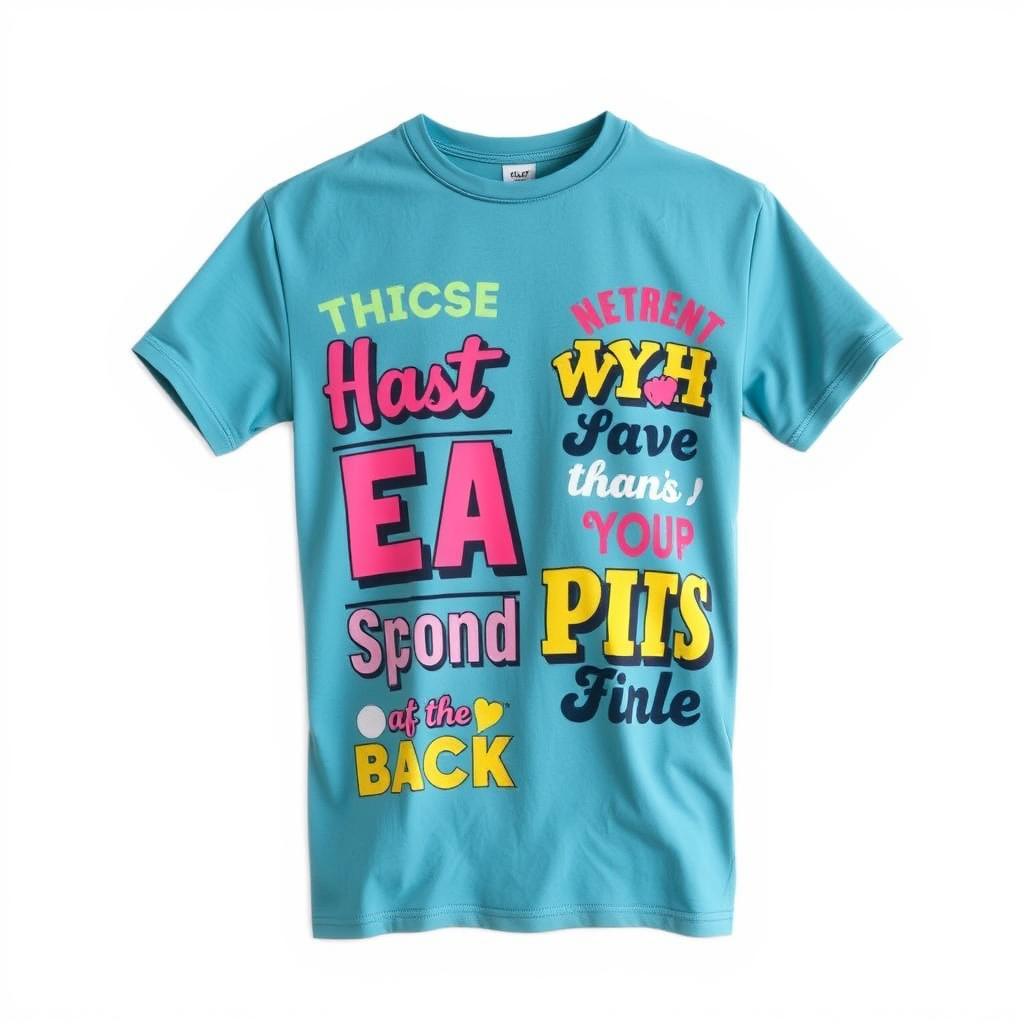 A stylish t-shirt featuring bold and colorful graphic text prints