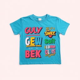 A stylish t-shirt featuring bold and colorful graphic text prints