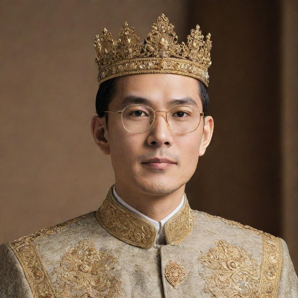 An intelligent-looking Asian man donning spectacles, adorned with a regal, gold encrusted crown.