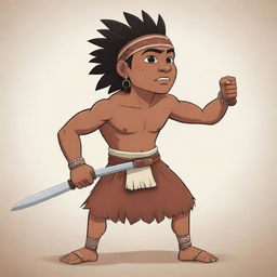 A cartoon of a young indigenous man, dramatically wielding a raised sword with determination.