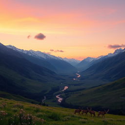 A majestic landscape at sunrise featuring a lush green valley with a winding river flowing through it, surrounded by towering mountains capped with snow