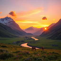 A majestic landscape at sunrise featuring a lush green valley with a winding river flowing through it, surrounded by towering mountains capped with snow