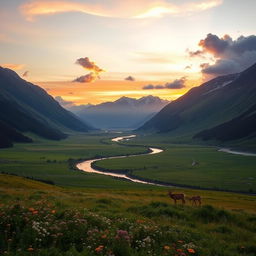 A majestic landscape at sunrise featuring a lush green valley with a winding river flowing through it, surrounded by towering mountains capped with snow