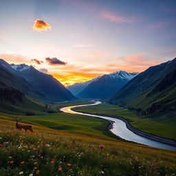 A majestic landscape at sunrise featuring a lush green valley with a winding river flowing through it, surrounded by towering mountains capped with snow