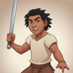 A cartoon of a young indigenous man, dramatically wielding a raised sword with determination.