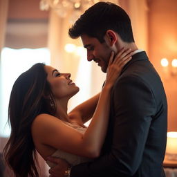 A couple in an intimate moment, captured in a romantic setting under soft lighting