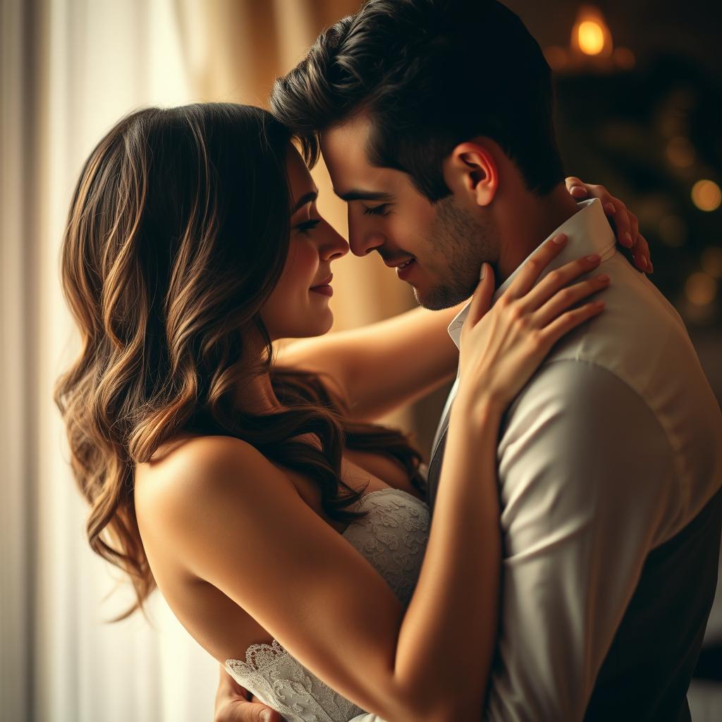 A couple in an intimate moment, captured in a romantic setting under soft lighting