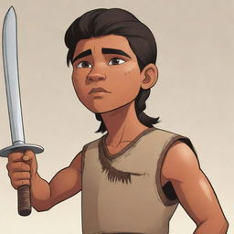 A cartoon of a young indigenous man, dramatically wielding a raised sword with determination.