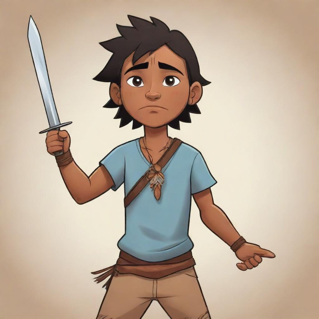 A cartoon of a young indigenous man, dramatically wielding a raised sword with determination.