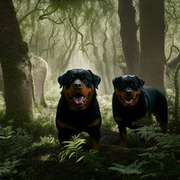 Intimidating Rottweiler dogs with mean faces and red eyes, standing alert in the shadowy undergrowth of a dense forest.