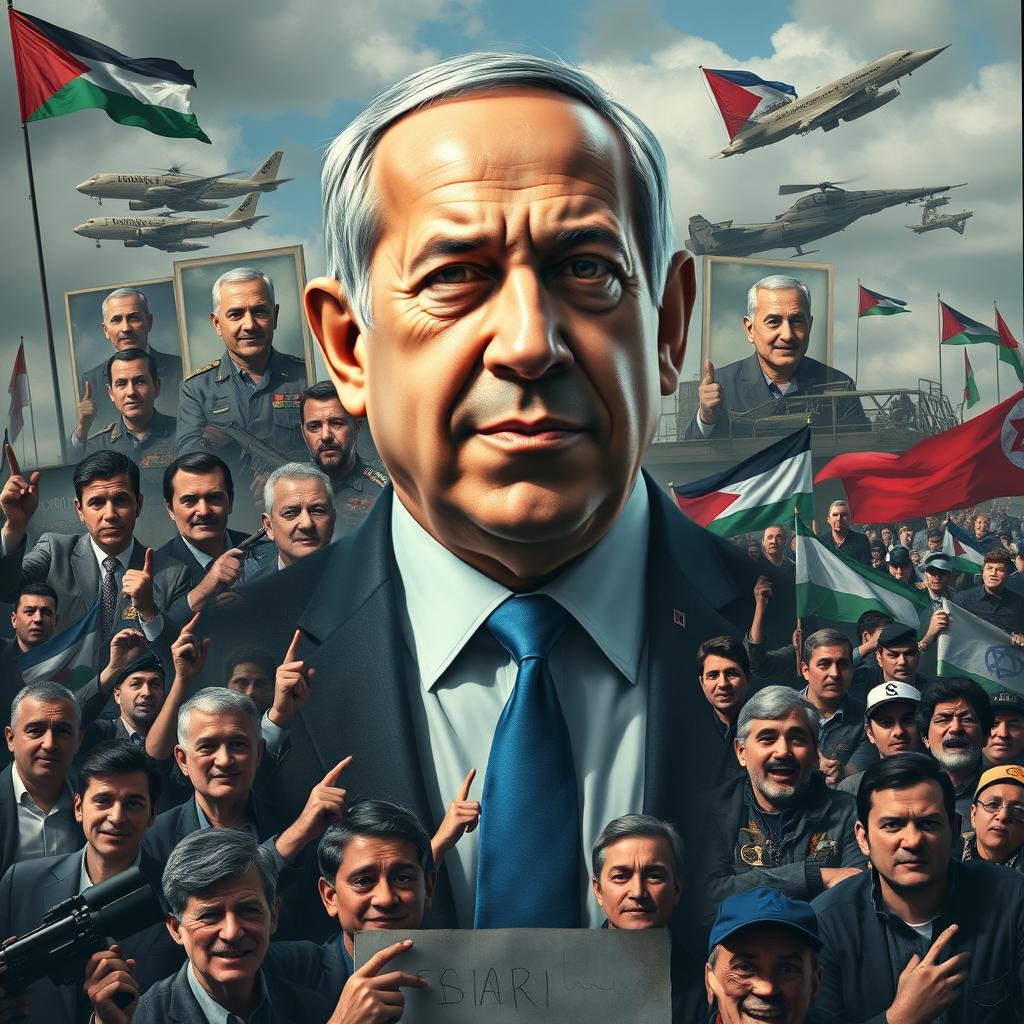 A detailed and engaging documentary-style image capturing the complex political landscape surrounding Benjamin Netanyahu