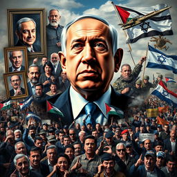 A detailed and engaging documentary-style image capturing the complex political landscape surrounding Benjamin Netanyahu