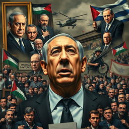 A detailed and engaging documentary-style image capturing the complex political landscape surrounding Benjamin Netanyahu