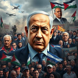 A detailed and engaging documentary-style image capturing the complex political landscape surrounding Benjamin Netanyahu