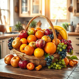 A playful and artistic representation of a vibrant fruit basket overflowing with a variety of colorful fruits, including apples, oranges, bananas, and grapes, arranged aesthetically on a rustic wooden table