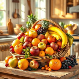 A playful and artistic representation of a vibrant fruit basket overflowing with a variety of colorful fruits, including apples, oranges, bananas, and grapes, arranged aesthetically on a rustic wooden table