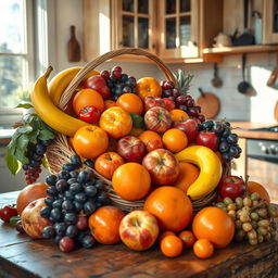 A playful and artistic representation of a vibrant fruit basket overflowing with a variety of colorful fruits, including apples, oranges, bananas, and grapes, arranged aesthetically on a rustic wooden table