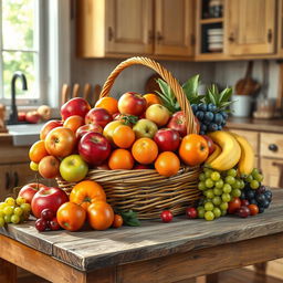 A playful and artistic representation of a vibrant fruit basket overflowing with a variety of colorful fruits, including apples, oranges, bananas, and grapes, arranged aesthetically on a rustic wooden table