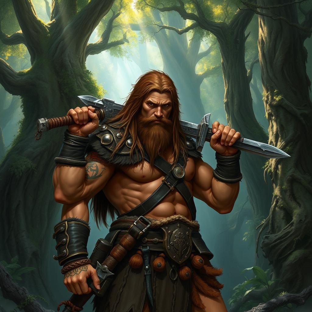 A human barbarian character from a Dungeons & Dragons campaign, depicted with a muscular build and covered in brown hair, including a wild mane flowing down their back