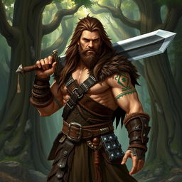 A human barbarian character from a Dungeons & Dragons campaign, depicted with a muscular build and covered in brown hair, including a wild mane flowing down their back