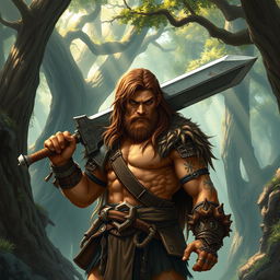 A human barbarian character from a Dungeons & Dragons campaign, depicted with a muscular build and covered in brown hair, including a wild mane flowing down their back