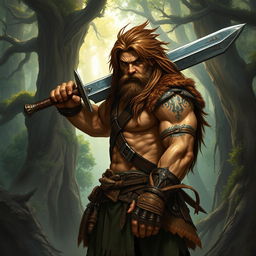 A human barbarian character from a Dungeons & Dragons campaign, depicted with a muscular build and covered in brown hair, including a wild mane flowing down their back