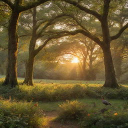 An enchanting forest glade, bathed in the golden light of sunset, with rare, exotic birds flitting between the trees.