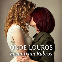 A romantic book cover for an LGBT romance novel titled 'Onde Louros Encontram Rubros'