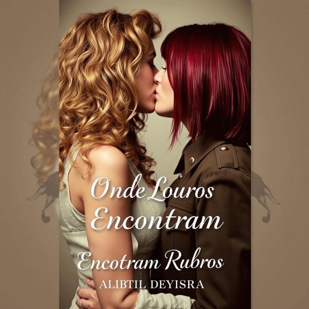 A romantic book cover for an LGBT romance novel titled 'Onde Louros Encontram Rubros'